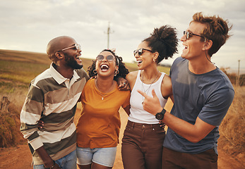 Image showing Happy, diversity and friends walk in countryside for peace, freedom or wellness while bonding, laugh and have fun. Travel, glasses and relax people enjoy quality time together on Australia holiday