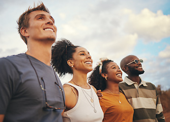 Image showing Friends, diversity and smile with a happy group looking at the view while on holiday in nature during summer. Freedom, vacation and together with men and woman standing outdoor on a friend trip