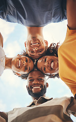 Image showing Circle, friends and portrait of happy group of people with smile on their face, having fun. Diversity, friendship and summer adventure selfie looking down, support in multicultural team on holiday