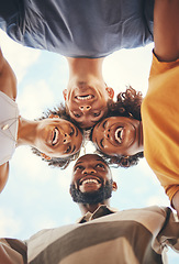 Image showing Friends, travel and freedom of happy people showing trust, smile and support in huddle below nature sky on adventure for fun and joy outdoors. Diversity men and women travelers free on summer holiday