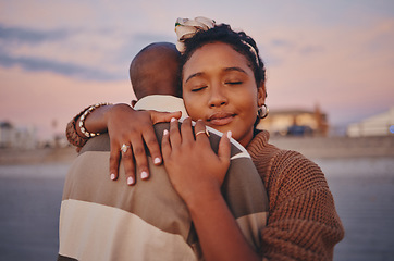 Image showing Love, peace and calm black couple hug while relax on outdoor date for freedom, bonding and enjoy quality time together. Romance, vacation and young gen z man and woman on romantic holiday in Jamaica