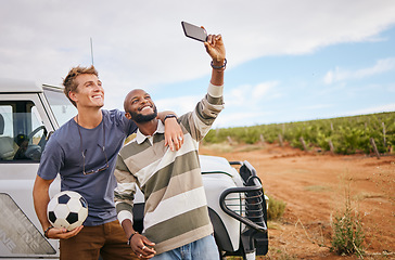 Image showing Road trip, selfie and adventure friends with van for travel in nature or countryside for holiday, vacation or outdoor lifestyle. Happy diversity people taking photo with 5g cellphone app in Australia