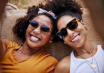 Image showing Woman, relax and friends smile for selfie together in happiness with glasses for joyful friendship. Happy black women relaxing for summer vacation or break smiling for fun adventure with friend