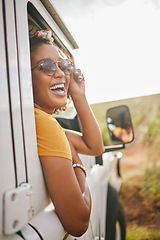 Image showing Countryside, travel and road trip black woman with sunglasses and portrait for journey, transport and trendy gen z fashion. Summer, vacation and holiday drive in nature with sky mock up
