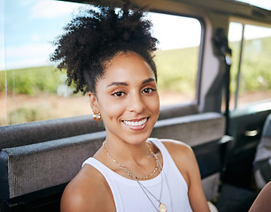 Image showing Happy, black woman and nature travel smile of a traveler on a road trip adventure in a car. Portrait of a female face from Houston ready for freedom, happiness and holiday fun in motor transport