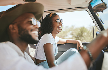 Image showing Travel, road trip and black people couple driving by countryside for holiday, journey and freedom with happiness. Trendy sunglasses, fashion and gen z friends in a car drive for vacation lifestyle