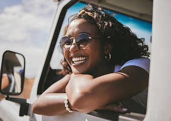 Image showing Black woman, happy road trip and car travel of a person sitting in a motor ready for a summer vacation. Transport traveling of a female from Jamaica with happiness and smile feeling fun in the sun