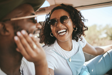 Image showing Love, black couple and road trip driver, vacation or summer holiday. Happy, smile and man, woman and travel in car bonding, fun and spending quality time together on romantic getaway in happiness.