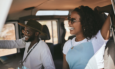 Image showing Road trip, driving and black couple drive to travel on a summer vacation with a smile. Happy girlfriend and boyfriend laughing together using motor transport for a getaway with love and happiness