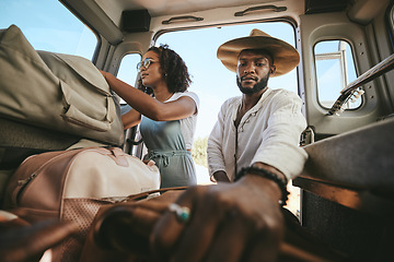 Image showing Travel luggage, black couple and car road trip together love bonding on nature safari holiday in Africa. Traveling, dating and black people, vehicle and bags for outdoor adventure vacation in Nigeria