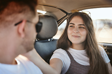 Image showing Love, care and couple on car road trip for fun travel adventure, bonding and enjoy romantic quality time together. Peace, wellness and freedom for young gen z man and woman in motor transportation