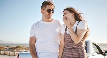 Image showing Road trip, couple and love with a man and woman laughing while enjoying travel and tourism together during summer. Happy, smile and romance with a young male and female on a trip or vacation