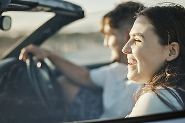 Image showing Road trip couple, summer freedom and holiday sunshine, relax and adventure in New Zealand. Traveling woman, driving man and happy journey, date drive and vacation together in convertible motor car