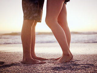 Image showing Summer, love and beach with legs of couple at sunset together for support, travel and happy on Miami vacation. Goals, vision and relax with man and woman on holiday for trust, date and nature