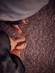 Image showing Beach, romance and feet in sea sand, couple on ocean summer holiday together. Summer, man and woman in love with toes on shore from above, waiting for waves or water in Bali, Indonesia for vacation