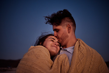 Image showing Sky, love and couple with blanket at night, enjoying the evening together. Young man and woman in relationship bond in star gazing, camping and cuddling. Travel, peace and people on nature holiday