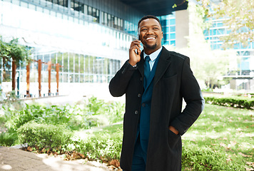 Image showing Black man talking phone call, city business and corporate communication outdoors. Happy ceo, smile manager and african entrepreneur with vision, motivation and success speaking on mobile technology