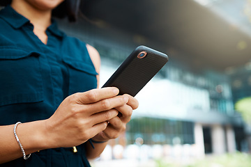 Image showing Phone, hands and woman web networking or communication browsing on social media. Young black female sending email, reading online news and texting sms or 5g internet technology messaging app