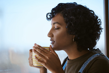 Image showing Indian woman drinking coffee, tea and happy peace, mindset and relaxing at home window. Face of hipster young gen z girl sipping hot beverage mug for calm day, lifestyle and break alone in apartment