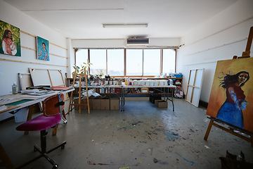 Image showing Interior, studio and workshop for art and design production for creative, small business or painting. Manufacturing, professional and service with art supplies and paint equipment warehouse room