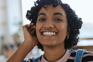 Image showing Selfie, art and face of a creative woman with smile and happy about painting in the studio. Portrait of an Indian designer, artist or painter with talent and creativity taking a photo in workshop