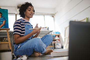 Image showing Woman artist, online class and laptop in art studio talking for video call, conference or zoom for teaching and education. Painter, internet and webinar with creative female during a painting lesson