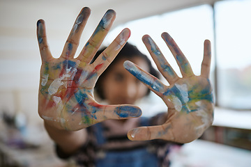 Image showing Hands, paint and art with a woman creative artist or painter having fun in her studio or design workshop. Palm, color and artistic with a female working in a classroom or gallery for creativity