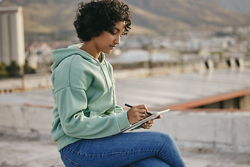 Image showing Writing, nature and tablet with a woman author, writer or poet on the search for inspiration outside. Thinking, technology and creativity with a female journalist or novelist with a story idea