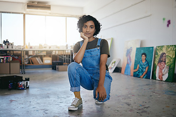 Image showing Painting student, artist portrait and woman in art studio, academy and creative workshop, home or school exhibition in India. Young college designer, canvas painter and creativity in project gallery