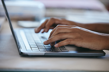 Image showing Hands typing, laptop and working freelance woman busy writing email or social media content while sitting at a table. Closeup of online planning, web search and internet browsing female using website