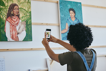 Image showing Art gallery, smartphone and black woman with painting taking photo for social media, website or digital advertising. African artist portrait design canvas, cellphone photography for commercial sales