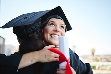 Image showing Graduation, women and students celebrate achievement with a hug, in gown and successful together as graduates. Mockup space, happy female and girls embrace to receive degree, diploma or certificate.