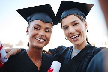 Image showing Graduation, certificate and students selfie university success, achievement or education diploma. College class diversity people or graduate women on campus portrait for scholarship class celebration