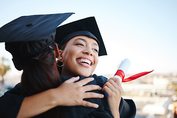 Image showing Graduation, education and hug with woman student friends hugging on university campus in celebration of success or qualification. College, graduate and scholarship with a female and friend embracing