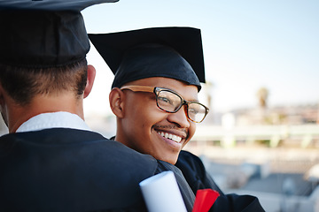 Image showing Happy, graduation and college graduate hug with happiness and congratulations outdoor smile. University, college success and diploma event of a black man getting a education degree and certificate