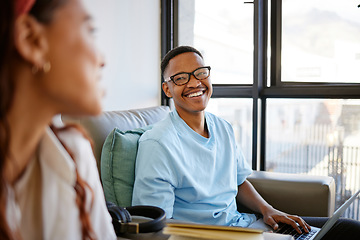 Image showing Happy students, teamwork or education man with smile on laptop in school, college or university classroom. Smiling, laughing or excited male on sofa for learning, study or comic conversation in Miami