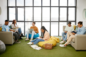 Image showing Education, studying and students meeting for project collaboration, teamwork or research planning in university workspace. Design, creativity and relax gen z group of people in college study team