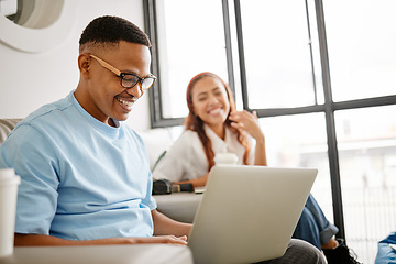 Image showing Man, laptop and startup smile with woman coworking marketing, social media or seo project on internet. Black man, happy and computer in office with girl in teamwork collaboration for advertising job