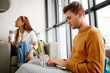 Image showing Student learning, research planning with laptop and education stratergy collaboration team for group project. University man reading or studying online, sending email and woman sitting on sofa