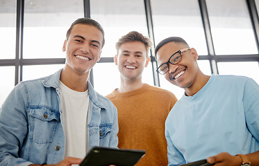 Image showing Study, digital tablet and students or friends portrait happy with course information, university group project or collaboration teamwork. College men with technology for online learning app together