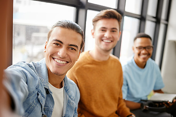 Image showing College students selfie, men friends and social media at university, school and campus. Diversity, happy portrait perspective and gen z young group taking photos for studying, education and learning