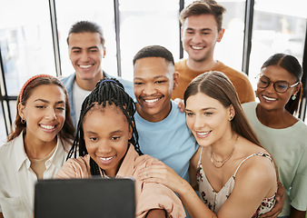 Image showing Selfie, diversity and group of friends happy, smile and relax on fun day, catch up and being together. Top view, multiracial and student team hang out ready for good time, connection and conversation