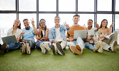 Image showing Peace sign, business students or people on laptop in digital marketing startup, creative brand ideas or education on relax turf. Portrait, smile or happy university friends with tech and cool gesture