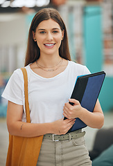 Image showing Young woman, college student portrait and university campus for learning, school studying and higher education knowledge in Canada. Happy, proud and motivation of gen z youth portrait with notebooks