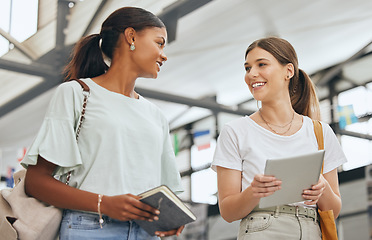 Image showing University, communication and students talking about education with tablet and notebook on campus together. Diversity at college with friends speaking while walking so study for project with tech