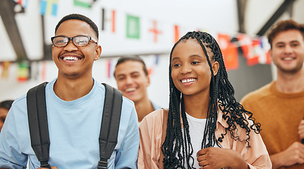 Image showing College friends, couple and happy students group at university for education, learning and knowledge together. Young, smile and black people gen z youth walking at campus for back to school studying