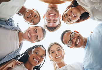 Image showing Diversity, group and portrait of people from the bottom with happiness in collaboration outdoors. Team building, community and happy friends with a smile standing and networking in a circle outside.