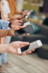 Image showing Social media, hands and row of smartphone people for internet app communication or wifi streaming. Phone consumer group holding device for digital leisure and online entertainment in a line