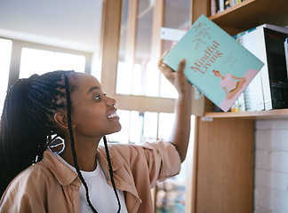 Image showing Black woman, happy and home library books ready to spend a calm, relax and content reading day. Happy smile of a person from Jamaica holding a mindfulness living book in a house for mental health