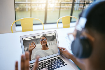 Image showing Laptop, virtual study meeting and students working on a university project together online. Elearning, collaboration and people greeting on a video call for academic work and discussion on a computer